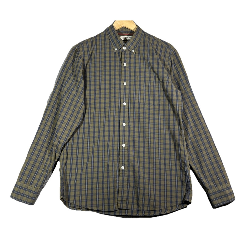 Goodthreads Shirt Mens Size M Green/Blue Check Button Up Cotton Long Sleeve